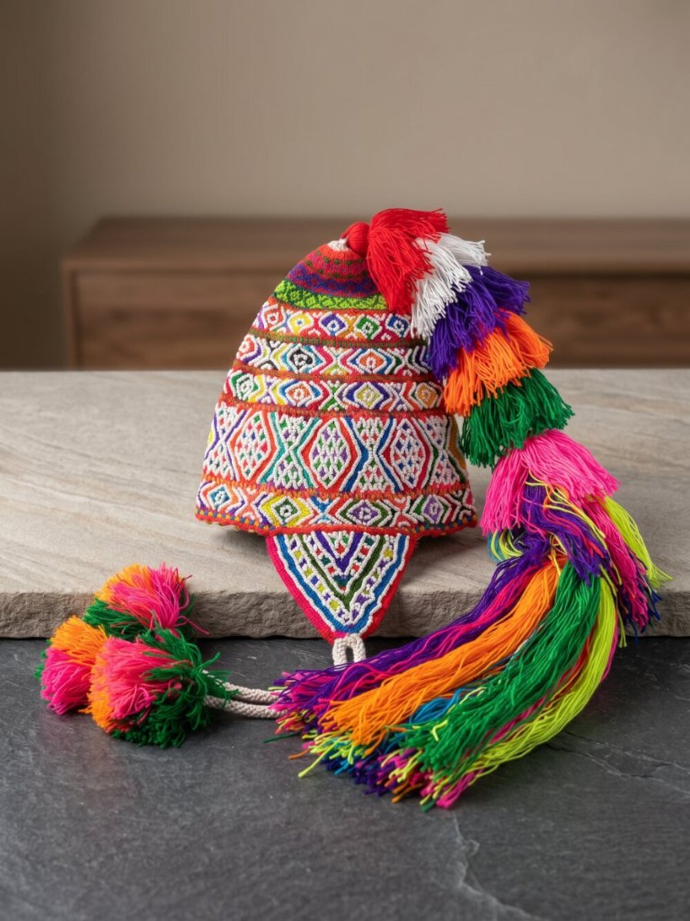 Andean Ceremonial Chullo with Beadwork and Wool Pom-poms
